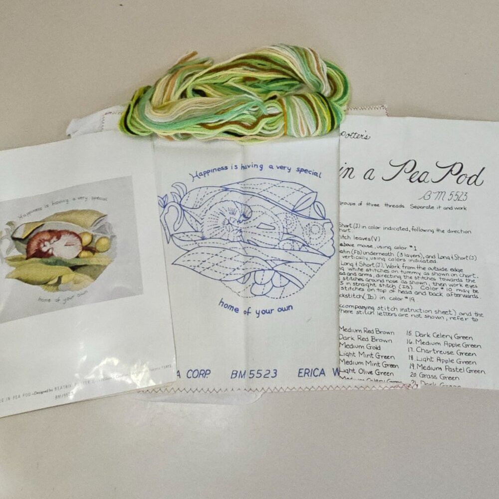 Beatrix Potter Timmy Willie In Pea Pod Crewel Embroidery Kit Erica Wilson 1972 - Picture 5 of 8